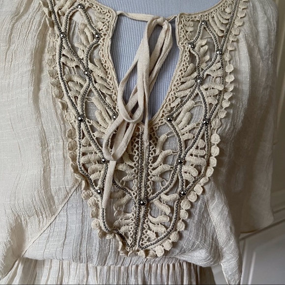 2b bebe boho bohemian flutter sleeve beaded crocheted gauze cream blouse XS - Picture 3 of 11